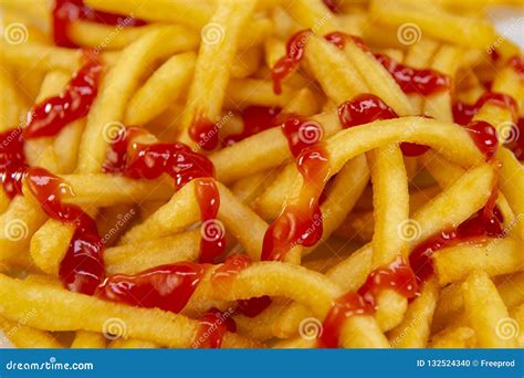 French Fries With Ketchup Served On White Plate Stock Photo Image Of