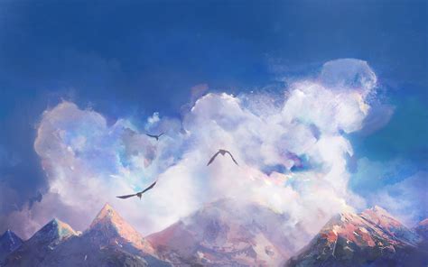 Download Wallpaper 3840x2400 Mountains Clouds Birds Art 4k Ultra Hd