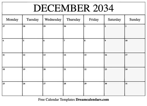 December 2034 Calendar Free Blank Printable With Holidays