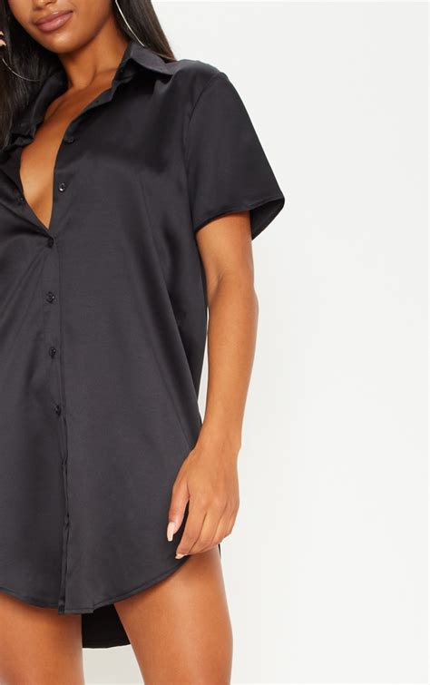 Black Satin Short Sleeve Shirt Dress Prettylittlething Aus