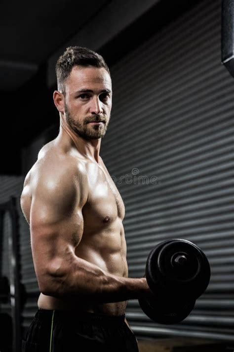 Shirtless Man Lifting Heavy Dumbbell Stock Photo Image Of Club Arms