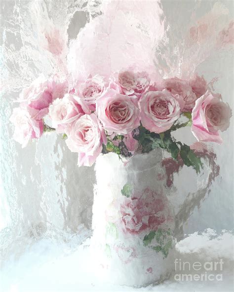 Shabby Chic Impressionistic Romantic Pink Roses In Vase Pink And