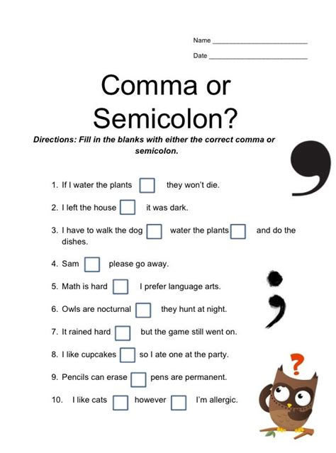 Both a colon and a semicolon indicate a connection between two ideas; Comma or Semicolon? Punctuation Worksheet (Middle School ...