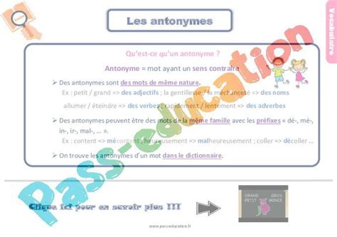 Qu Est Ce Qu Un Antonyme - Leçon, trace écrite sur les antonymes – Ce2 par Pass-education.fr
