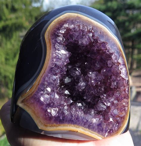 2 Pound 9 Ounce Amethyst Geode With Polished Agate Yellow Banded Edge