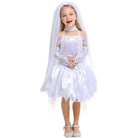 Girls Bride Dress Kids Halloween Scary Dead Ghost Bride Costume With