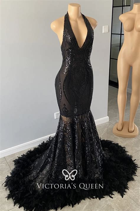 Sparkly Black Sequin And Feather Mermaid Prom Dress Vq