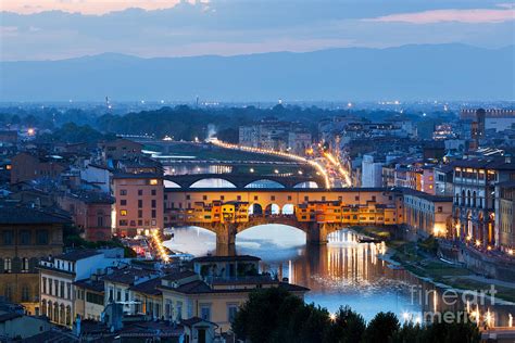 Florence Italy Night Skyline Ponte Vecchio Bridge Over Arno River