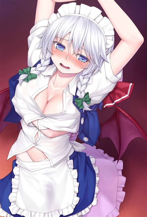 H Kasei Izayoi Sakuya Remilia Scarlet Touhou 2girls Apron Arms Up Bat Wings Blue Eyes