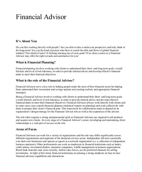 Use a job title that's professional (financial advisor). FREE 7+ Sample Financial Advisor Job Description Templates ...