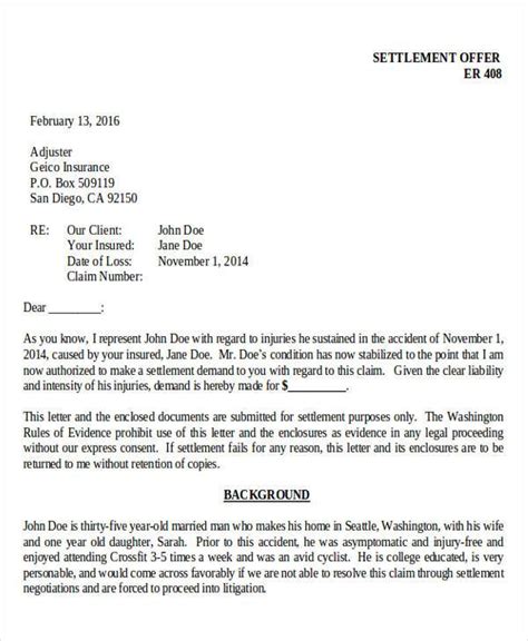 The body of the letter must explain the reasons for this letter. legal settlement offer letter samples