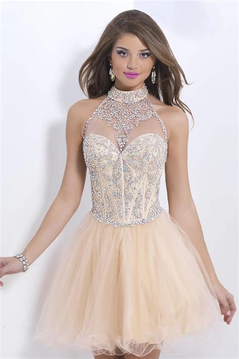 2014 Latest Sexy Beige Chiffon Hanging Crystal Thin Halter Neck Short Prom Dresses Strapless