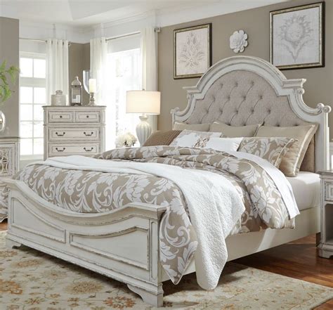 Magnolia Manor Antique White King Upholstered Panel Bed From Liberty