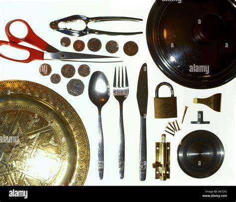 Display Of Various Objects Made From Metal Alloys Stock Photo Royalty