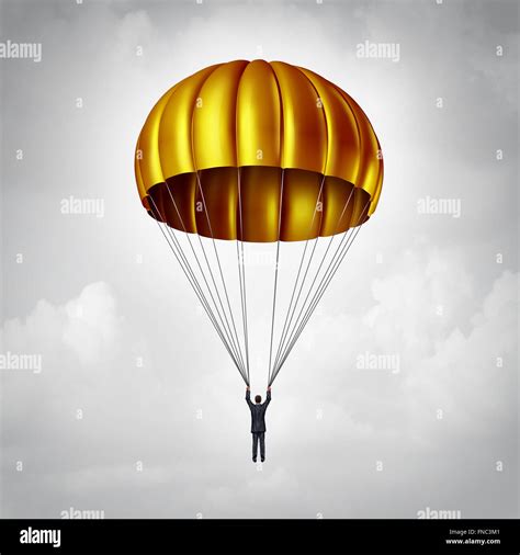 Golden Parachute Concept As A Businessman Parachuting Safely Down With