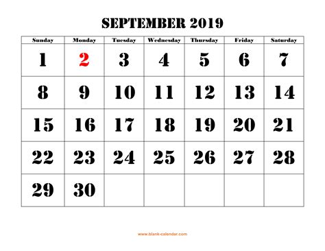 Free Download Printable September 2019 Calendar Large Font Design