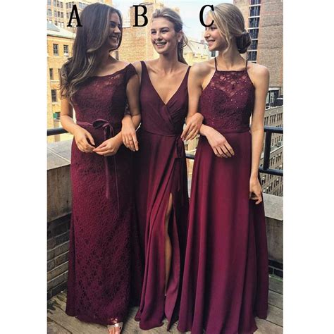 Burgundy Mismatched Charming Affordable Lace Long Bridesmaid Dresses