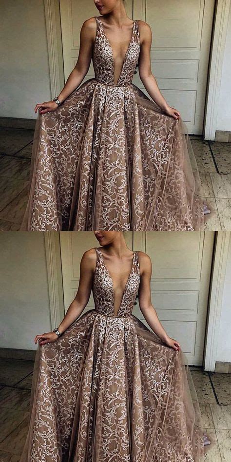 A Line Deep V Neck Sweep Train Brown Tulle Prom Dress With Appliques Sparkle Prom Dress Award