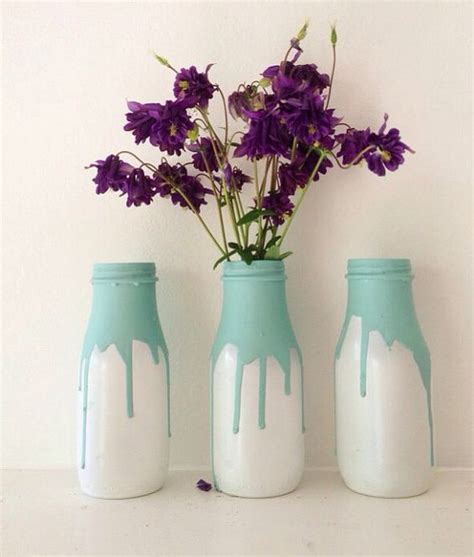 Shabby Chic Wedding Vases Aqua Blue Chalk Paint Set 3 Glass Bottles