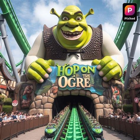 A Shrek Themed Roller Coaster Featuring A Sign With The Slogan Hop On