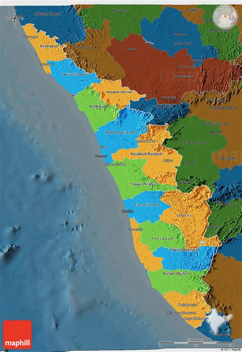 The map shows kerala state with cities, towns, expressways, main roads and streets, cochin international airport click the map button for a street map, this button holds the option for terrain, it displays a physical map with topographical details. Political 3D Map of Kerala, darken