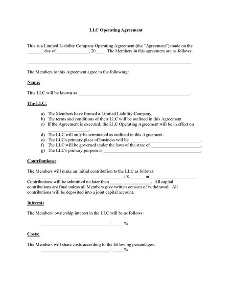 Llc Operating Agreement Fillable Pdf Free Printable Legal Forms