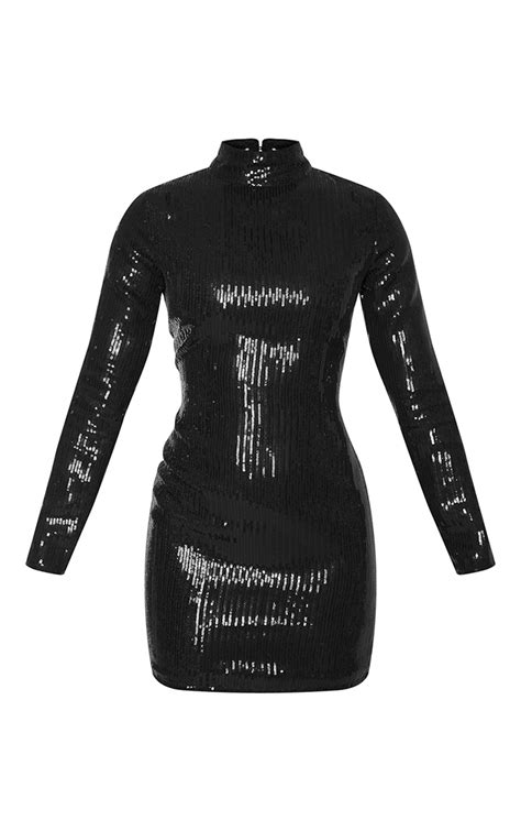 black sequin long sleeve high neck bodycon dress prettylittlething aus