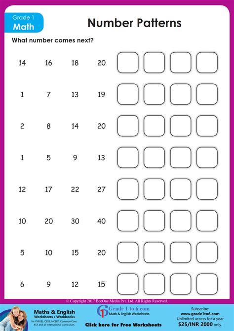 Grade 1 Number Pattern Worksheet