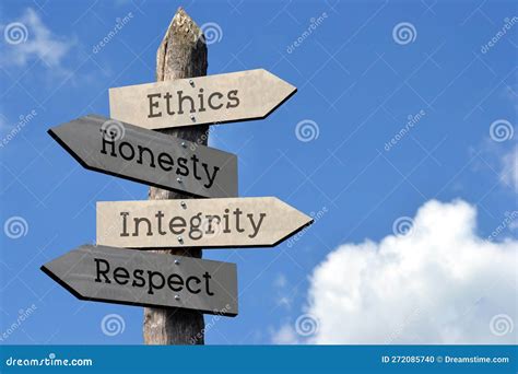 Ethics Honesty Integrity Respect Wooden Signpost With Four Arrows
