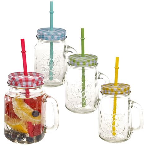 500ml Glass Drinking Cup Handle And Straw Glasses Mason Jar Colour Lids Set Bar Ebay