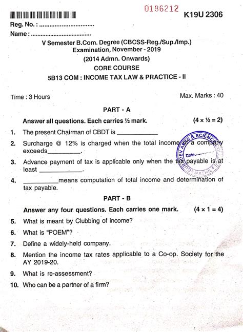 Kannur University B Com Co Operation B Com Income Tax Law Practice Ii November