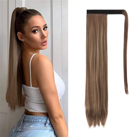 Feshfen Straight Long Ponytail Extensions 24 Inch Brown