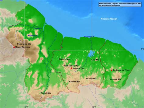 French Guiana, Guyana, and Suriname Physical Map - A Learning Family