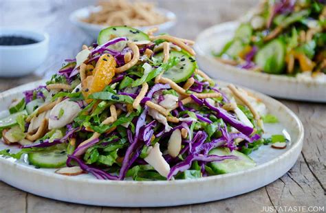 This family favorite chicken salad is made with celery, bell pepper, green olives, apple, lettuce, and mayo—plus a secret ingredient that makes all the difference! Chinese Chicken Salad with Sesame Dressing | Just a Taste