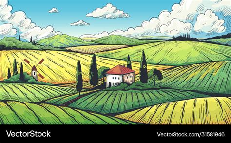 Countryside Landscape Organic Farm Field Sketch Vector Image