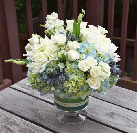 Flower Arrangement With Hydrangeas Spray Roses Mums Delphinium And