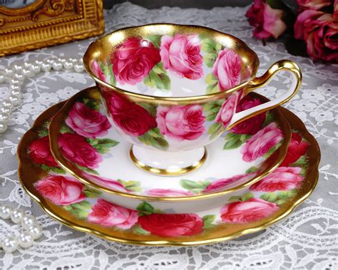 Royal Albert Old English Rose Trio Tea Cup And Saucer With Plate Heavy Gold England