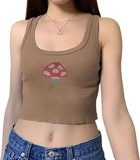 Womens Mushroom Y2k Tank Top Base Shirt Cropped Corset Camisole Girls Creative Crop Top Vest Tee