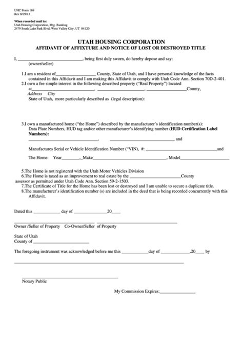 Fillable Form 169 Affidavit Of Affixture And Notice Of Lost Or