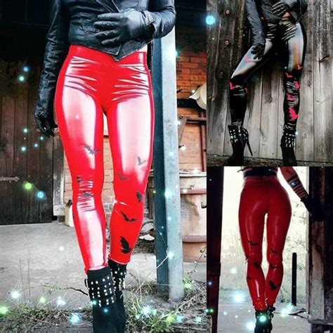 new fashion women punk pu leather pants gothic slim fit bat pattern