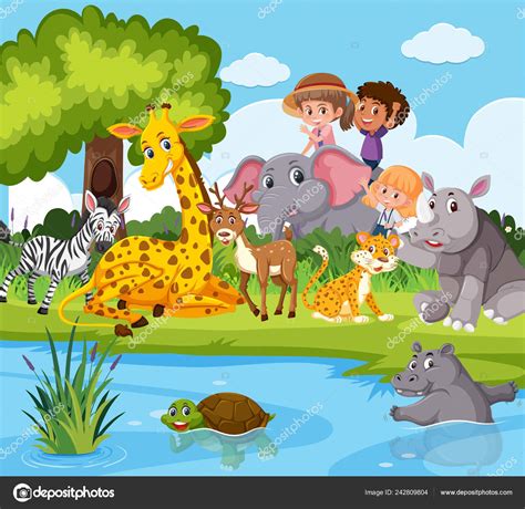 Animals People Pond Illustration Stock Vector Image by ©brgfx #242809804