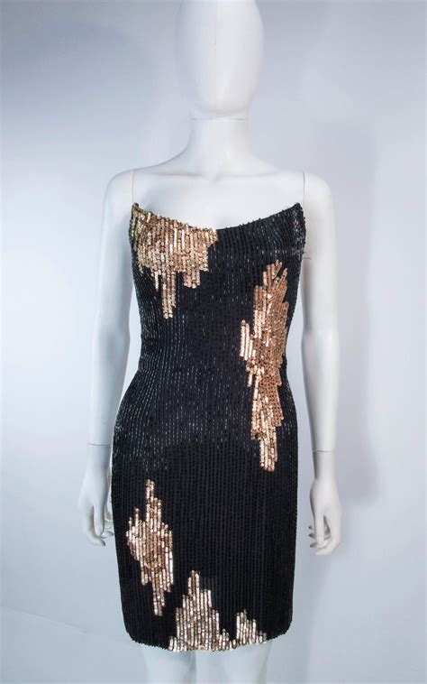 Bob Mackie Black And Gold Beaded Cocktail Dress With Structured Bust At