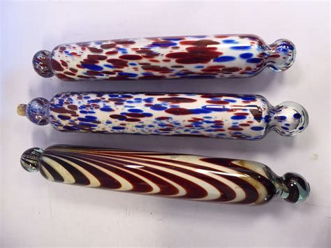 Three Similar Late 19thc Blown Glass Rolling Pins With Nailsea Style