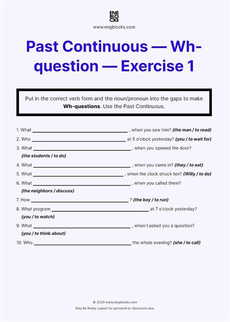 Past Continuous Tense — Wh Question Worksheet English Grammar Wh
