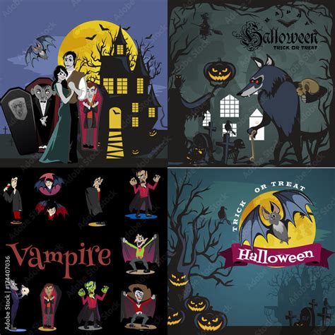 Halloween Backgrounds Set With Vampire And Their Castle Under Full Moon And Cemetery Draculas
