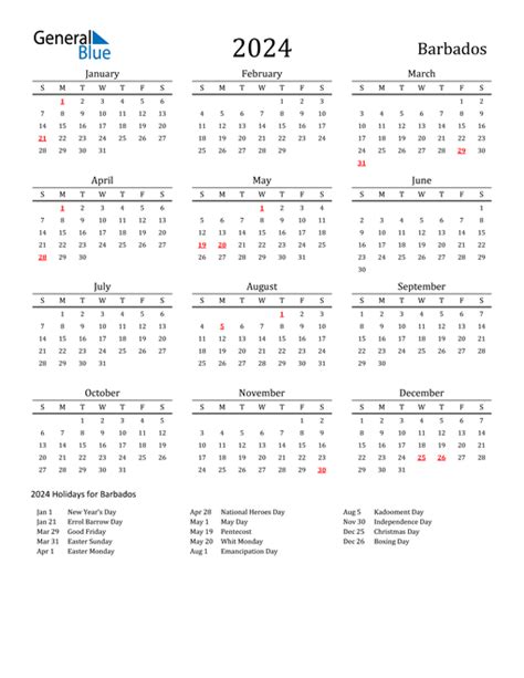2024 Calendar Printable Barbados 2024 Calendar Printable