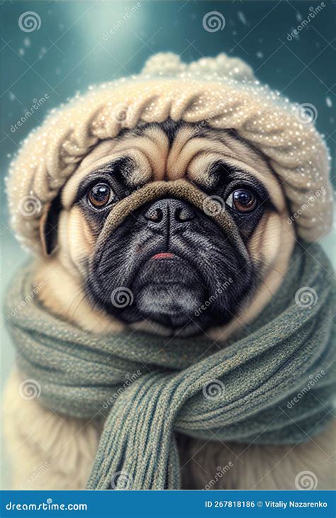 Portrait Of A Pugr Dog In A Hat And Scarf Ai Generated Stock