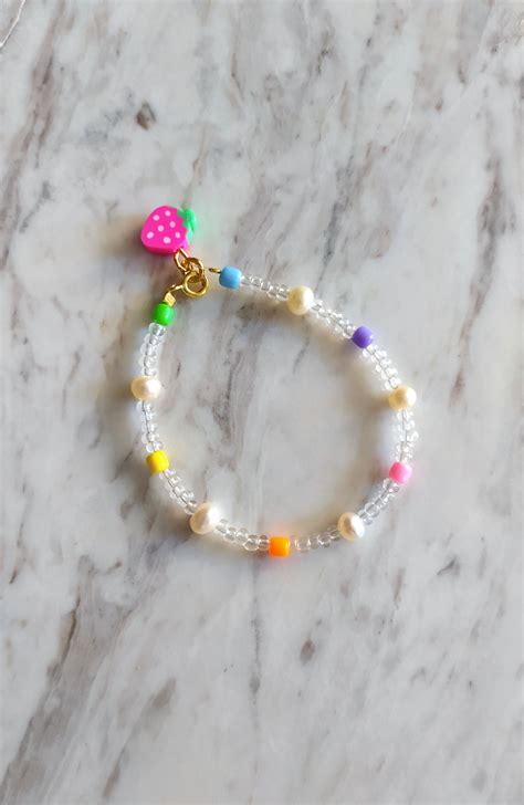 Colorful And Fresh Seed Bead Bracelet With Strawberry Charm Composed