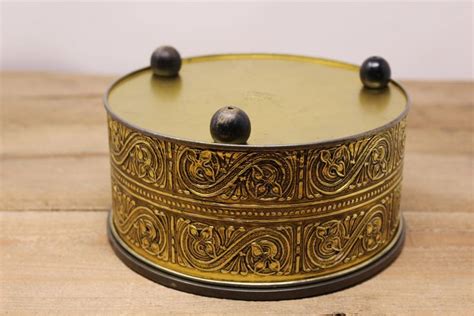 Large Round Tin Container By Guildcraft With 3 Round Black Wooden