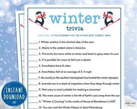 Winter Trivia Game Printable Winter Games Wintertime Etsy